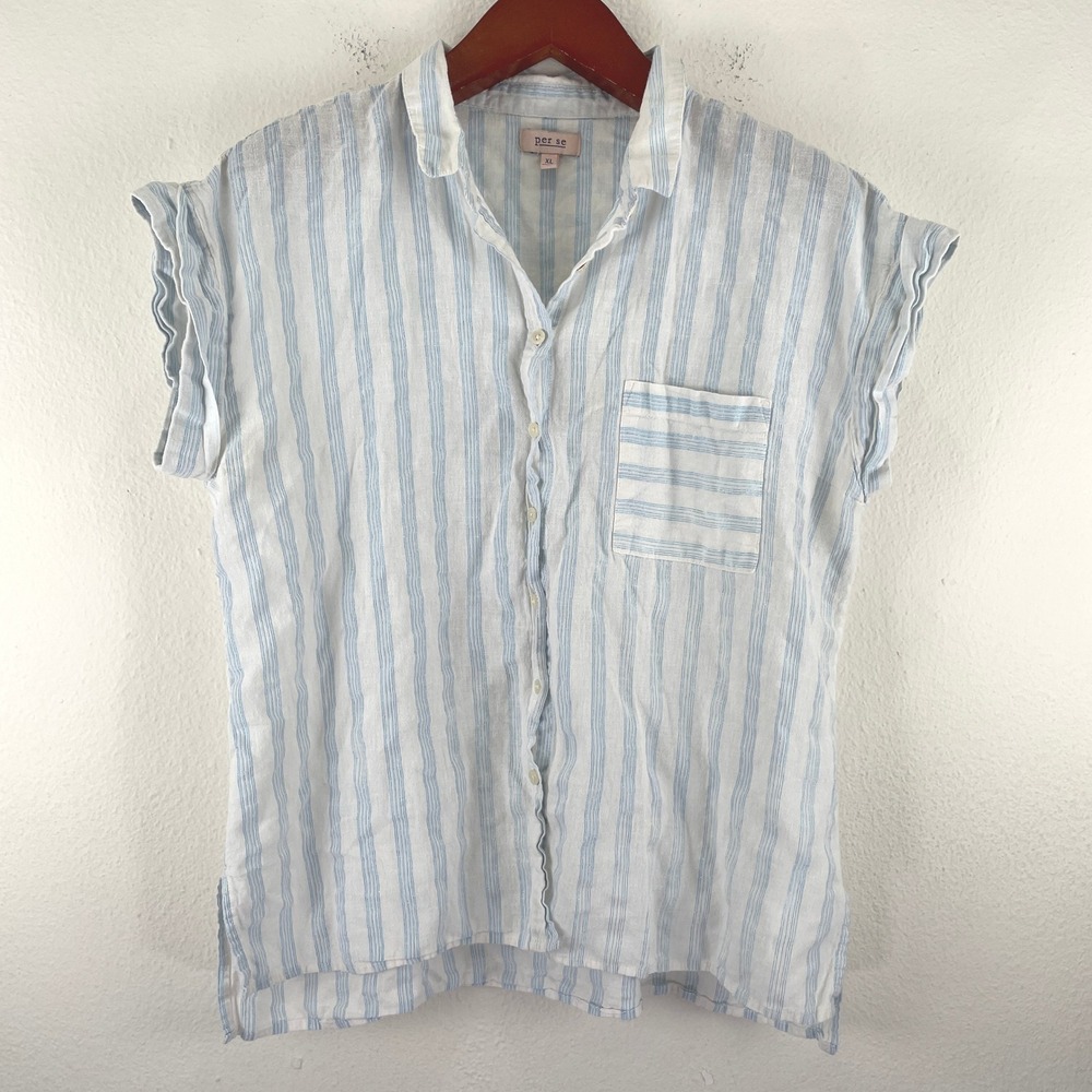 Womens Blue White Striped Linen Cotton Shirt XL Metallic Coastal Beachy Nautical